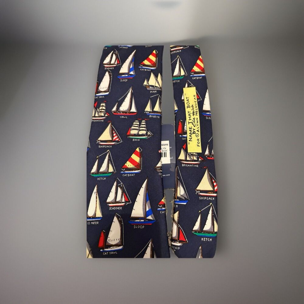 NWT Alynn Tie Silk Name That Boat Navy Nautical Sea Boat Designer  Summer Holch - Picture 2 of 12